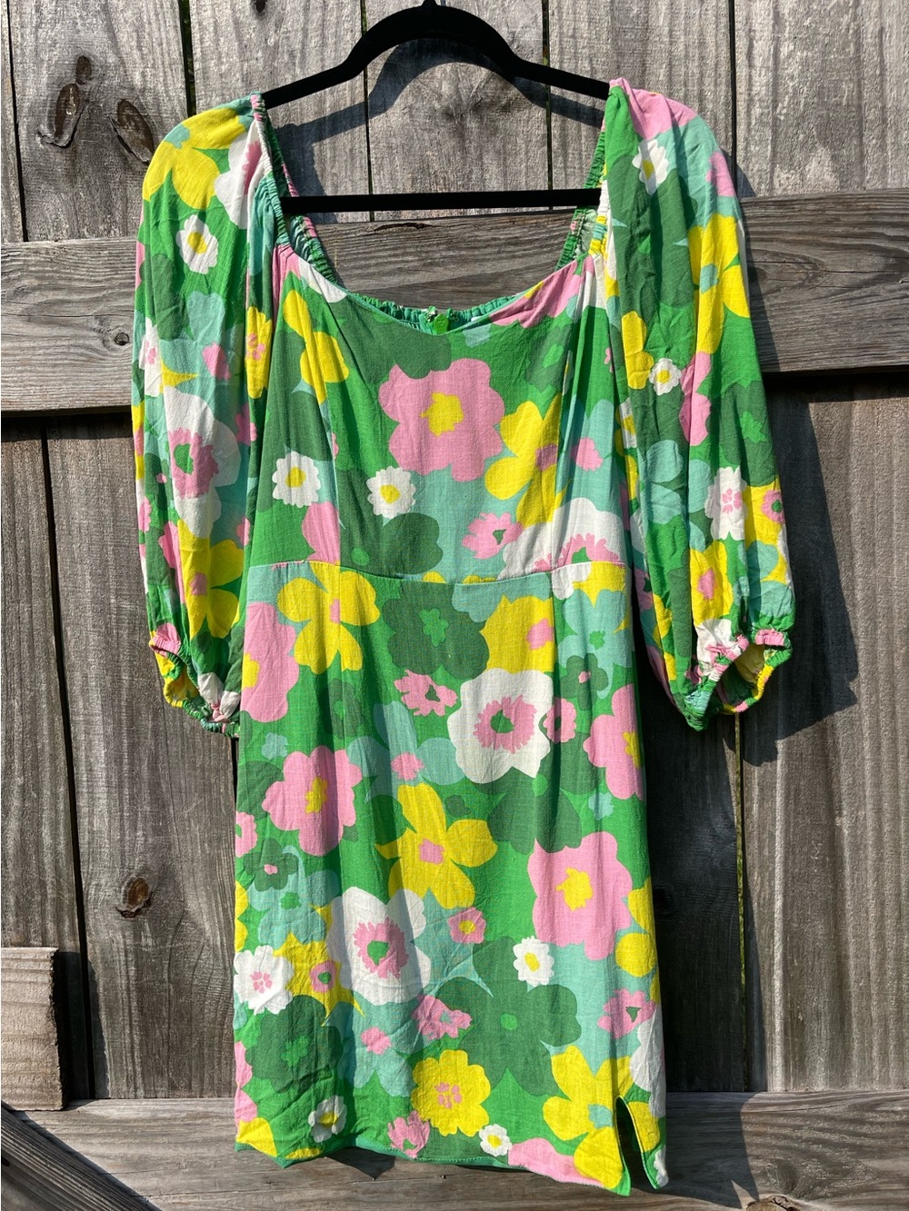 Sugarlips Green Floral Midi Dress with Pink and Yellow Flowers Sz M
